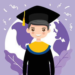 Smiling boy graduate student wearing academic robe and graduation vector illustration