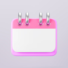 3d pink calendar icon on gray background. Render of daily birthday schedule planner, valentine's or wedding day. Calendar events plan, work planning concept. 3d cartoon simple vector illustration