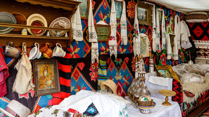 Traditional dress and clothes at a market in Maramures Romania