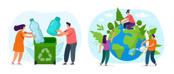 People save green Planet environment. Earth Day, Nature ecology protection concept. Colored flat illustration vector