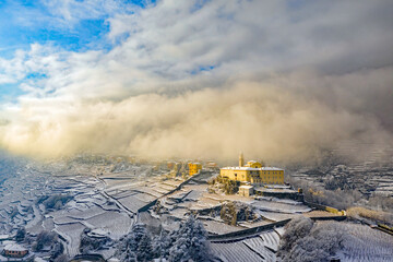 Sondrio in Valtellina, Italy, winter aerial view of the convent of San Lorenzo