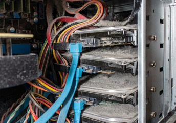 The inside of the computer needs to be cleaned of dust. Close-up of hard drives installed in a computer covered in a thick layer of dust.