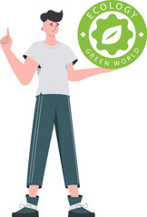 The guy holds the ECO logo in his hands. The character is depicted in full growth. The concept of ecology and green energy. Isolated on white background. Vector trend illustration.