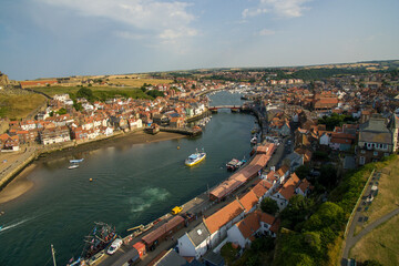 Fototapeta na wymiar aerial view of Whitby, North Yorkshire seaside town resort and fishing port 