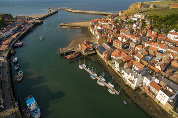 Fototapeta na wymiar aerial view of Whitby, Yorkshire seaside town resort and fishing port 