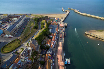 Obraz premium aerial view of Whitby, Yorkshire seaside town resort and fishing port 