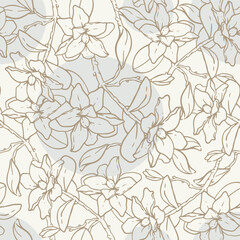 Fototapeta premium Elegant hand drawn seamless pattern. Vector illustration, botanical outline drawing. Blooming lilies, graphic artwork. Pastel colors. Beige background and blue circles Design for fabric, floral print