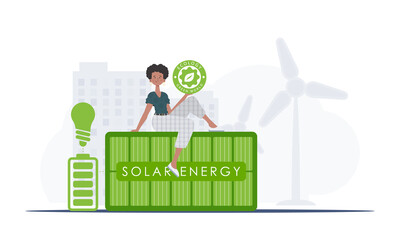 The concept of green energy and ecology. The girl sits on the solar panel and holds the ECO logo in her hands. trendy style. Vector illustration.