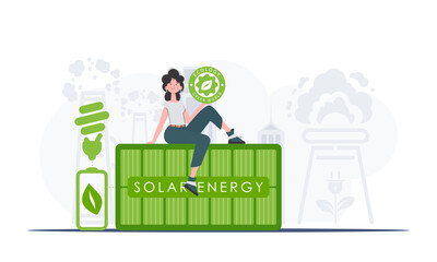 The concept of ecology and green energy. A woman sits on a solar panel and holds the ECO logo in her hands. Fashionable, trendy style. Vector.