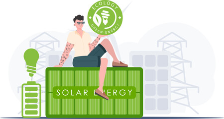 The concept of green energy and ecology. A man sits on a solar panel and holds the ECO logo in his hands. Fashionable, trendy style. Vector.