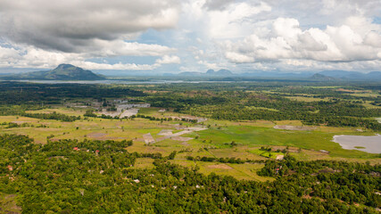 Obraz premium Aerial view of rice fields and agricultural land in a valley among mountains. Sri Lanka.