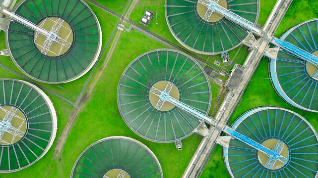 aerial view sewage treatment plant near downtown 