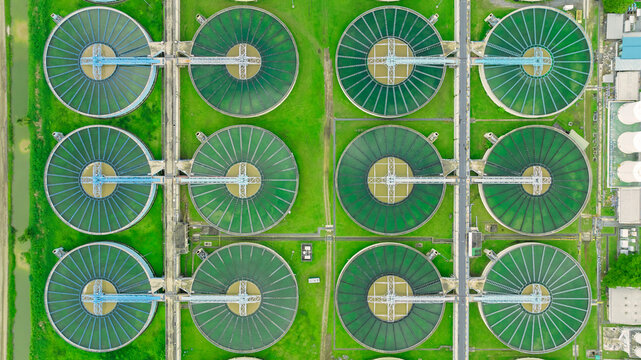 aerial view sewage treatment plant near downtown 