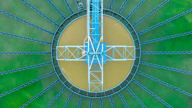 aerial view sewage treatment plant near downtown 
