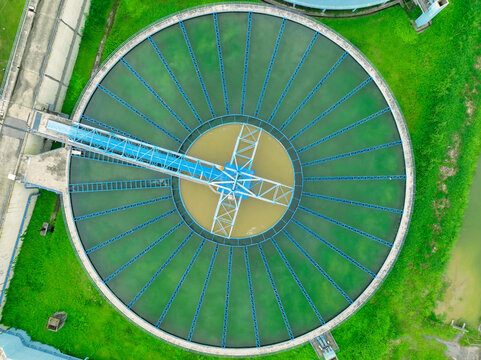 aerial view sewage treatment plant near downtown 