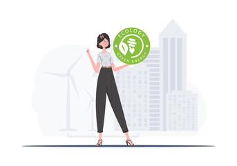 The concept of green energy and ecology. The girl holds the ECO logo in her hands. trendy style. Vector illustration.