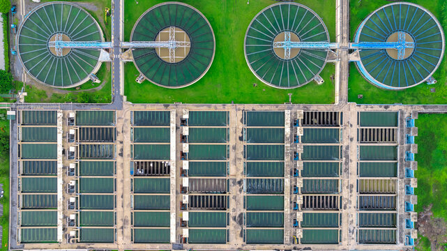 aerial view sewage treatment plant near downtown 