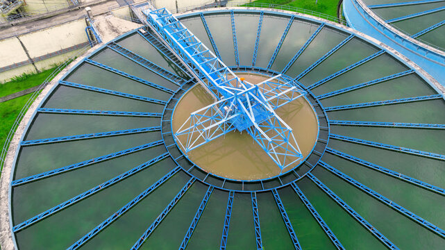 aerial view sewage treatment plant near downtown 