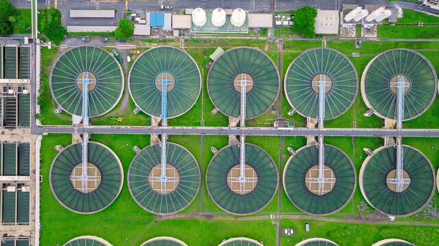 aerial view sewage treatment plant near downtown 