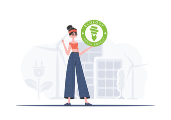 ECO friendly concept. Woman holding ECO logo in her hands. Fashionable, trendy style. Vector.