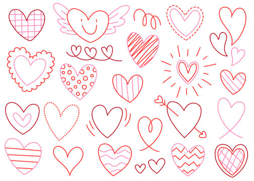 Cute Heart Element Decoration Valentine's Day Love Romantic Red Pink Line Outline Form Doodle Cartoon Hand Drawing Sketch Vector Illustration Pack Set Bundle Collection