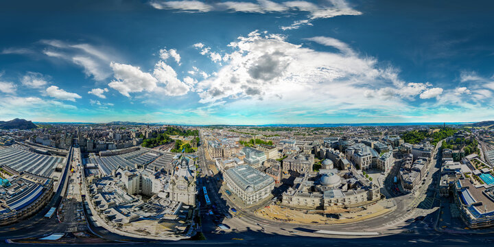 Aerial 360 equirectangular photo of Edinburgh Scotland UK