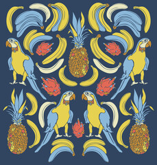 Vector illustration with parrots and exotic fruit. Design with ara, pineappples, dragon fruits and bananas.