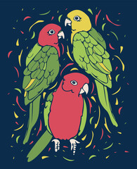 Vector illustration with three lovebirds. Vivid design with parrots.