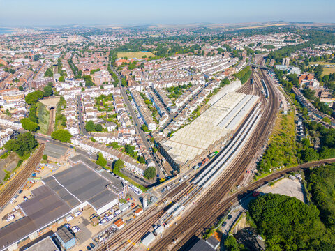 Aerial image of the Brighton train hub UK England