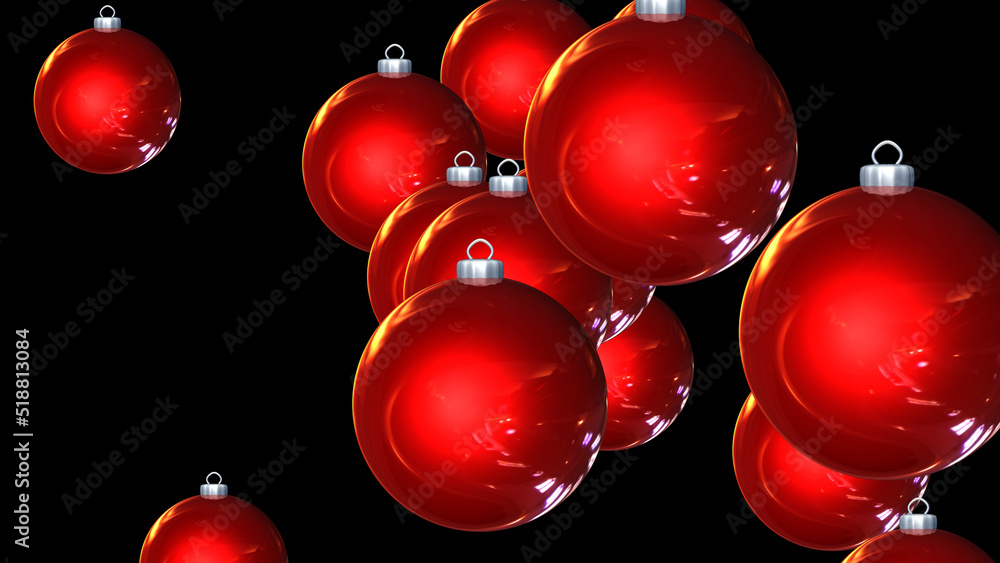 Poster futuristic random movement of festive bright red balls with a mirror reflection of the sun in the in