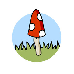 Mushroom logo in a circle with red cap. Fly agaric on the green grass. Natural scenery.