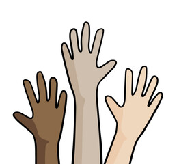 Hands of people with different skin colors. Palms up. Concept of friendship