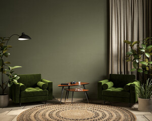 Green interior with armchairs and decor. 3d render illustration mockup.