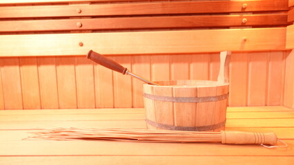 Standard Finnish wooden sauna cabin interior.Empty interior of huge sauna