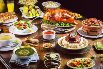 Arabic cuisine;Middle Eastern traditional lunch. It's also Ramadan 'Iftar'.The meal eaten by Muslims after sunset during Ramadan. Assorted of Egyptian oriental dishes.Served food for Family Gathering.