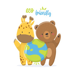 Cartoon illustration of an animal giraffe and bear with earth in support of ecology. save the planet