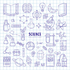 Vector science set. Hand drawing elements by blue ballpen on study notepad. Chemistry, astrology, biology, physic, medicine. Research and education elements. Isolated. Back to school set supples.