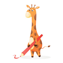 Giraffe holding a red pencil in its paws and drawing. Back to school illustration concept, animal pupils, vector isolated cartoon illustration.
