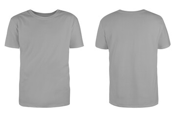 Men's grey blank T-shirt template,from two sides, natural shape on invisible mannequin, for your...