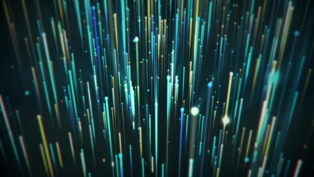 A stream of flowing green, blue and gold digital fiber optic light data node particles. Communication and connectivity concept. Full HD and looping technology motion background animation.