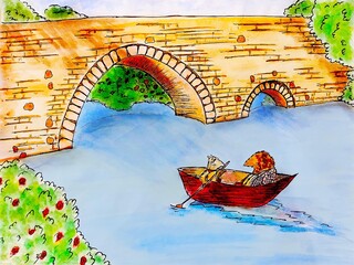 Wind in the Willows Rat and Mole boat scene-Hand-drawn watercolor illustration