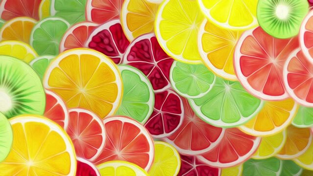 Vibrant Colorful fresh fruit slices motion background in the style of an oil painting. Fruits include orange, lemon, lime, grapefruit, pomegranate and kiwi. Full HD summer food and drink animation.