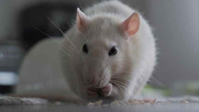 Cute domestic white rat eats nuts