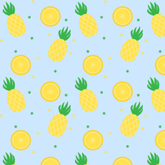 Pineapple and orange simple yellow pattern on light blue background. Summer background, fruit ,vector illustration EPS 10