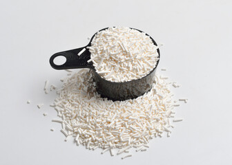 Potassium sorbate is the potassium salt of sorbic acid. On white background