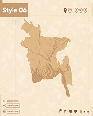 Bangladesh - map in vintage style, retro style map, sepia, vintage. Vector map.