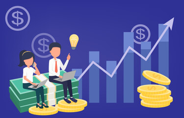 A businessman sits on a pile of money, thinking, analyzing his profits on the stock chart. To see the dividends and profits of the company. Vector illustration Eps10.