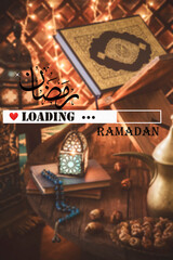 Ramadan in Arabic calligraphy style, The Arabic calligraphy means (The holy month of fasting for Muslims). Ramadan loading concept.