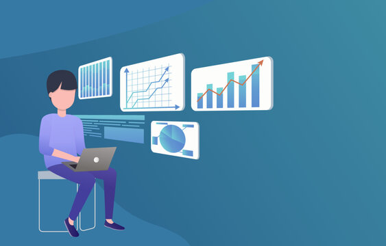 Businessman sitting and watching stocks on computer, thinking about making high profits, watching online stocks in metaverse. Vector illustration Eps10.