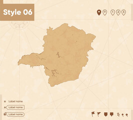 Minas Gerais, Brazil - map in vintage style, retro style map, sepia, vintage. Vector map.